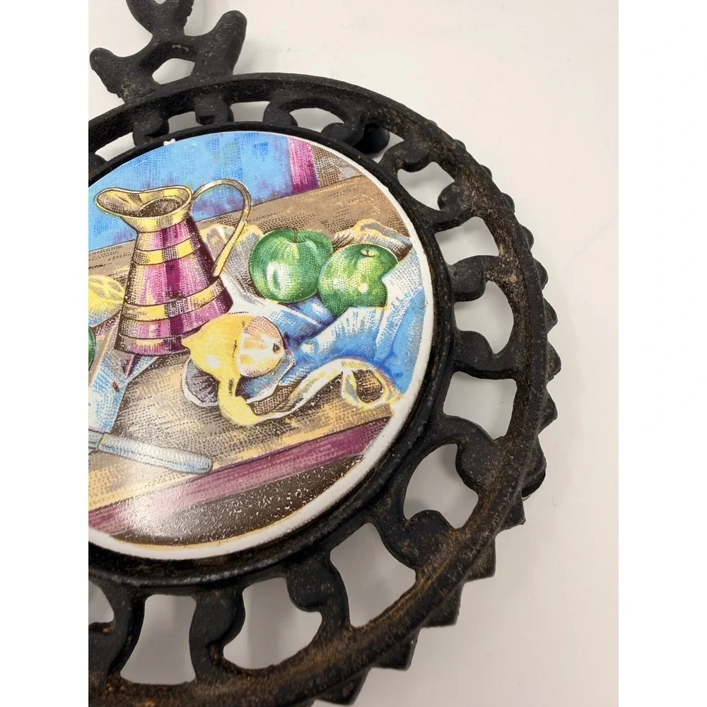 Vtg Enesco Japan Cast‎ Iron Trivet Ceramic Tile Apple Fruit Pitcher 9